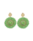 Green beaded earrings with gold accents on a white background.