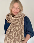 Taupe Mix Leopard Print Fringed Blanket Scarf
