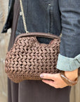 Dark Brown Woven Raffia Structured Clutch/ Crossbody Bag