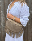 Suede Large Taupe Fringed Crossbody/ Waist Bag