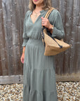 Khaki Cotton Fluted Sleeve Maxi Dress