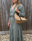 Khaki Cotton Fluted Sleeve Maxi Dress