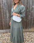 Khaki Cotton Fluted Sleeve Maxi Dress