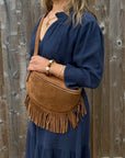 Suede Large Dark Tan Fringed Crossbody/ Waist Bag