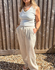Beige & White Stripe Cotton Striped Wide Leg Trousers