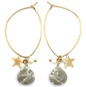 Gold with Grey Bead & Star Hoop Earrings