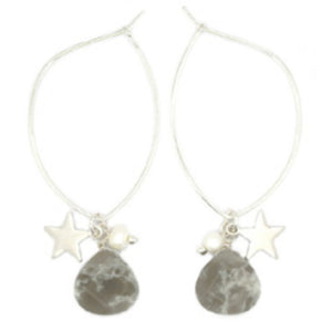 Silver with Grey Bead & Star Hoop Earrings