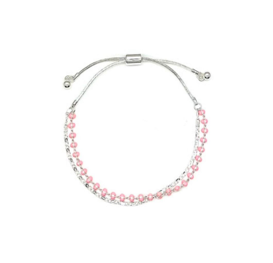 Silver & Pink Adjustable Bead Bracelet