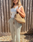 Khaki & White Stripe Cotton Striped Wide Leg Trousers