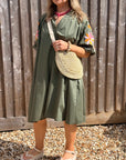 Khaki Embroidered Sleeve Cotton Dress