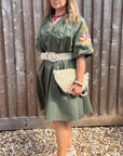 Khaki Embroidered Sleeve Cotton Dress