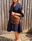 Preorder for dispatch w/c 29/6 - Navy Embroidered Sleeve Cotton Dress