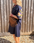 Preorder for dispatch w/c 29/6 - Navy Embroidered Sleeve Cotton Dress