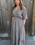 Taupe Cotton Broiderie Trim Maxi Dress