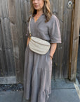 Taupe Cotton Broiderie Trim Maxi Dress