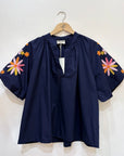 Navy Embroidered Sleeve Cotton Blouse