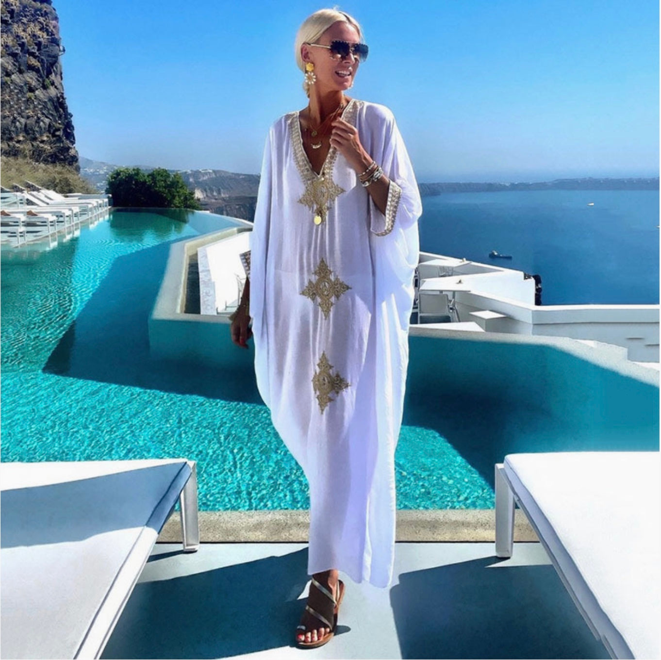 White & Gold Embroidered Maxi Beach Dress Kaftan – Amelia Rose Accessories