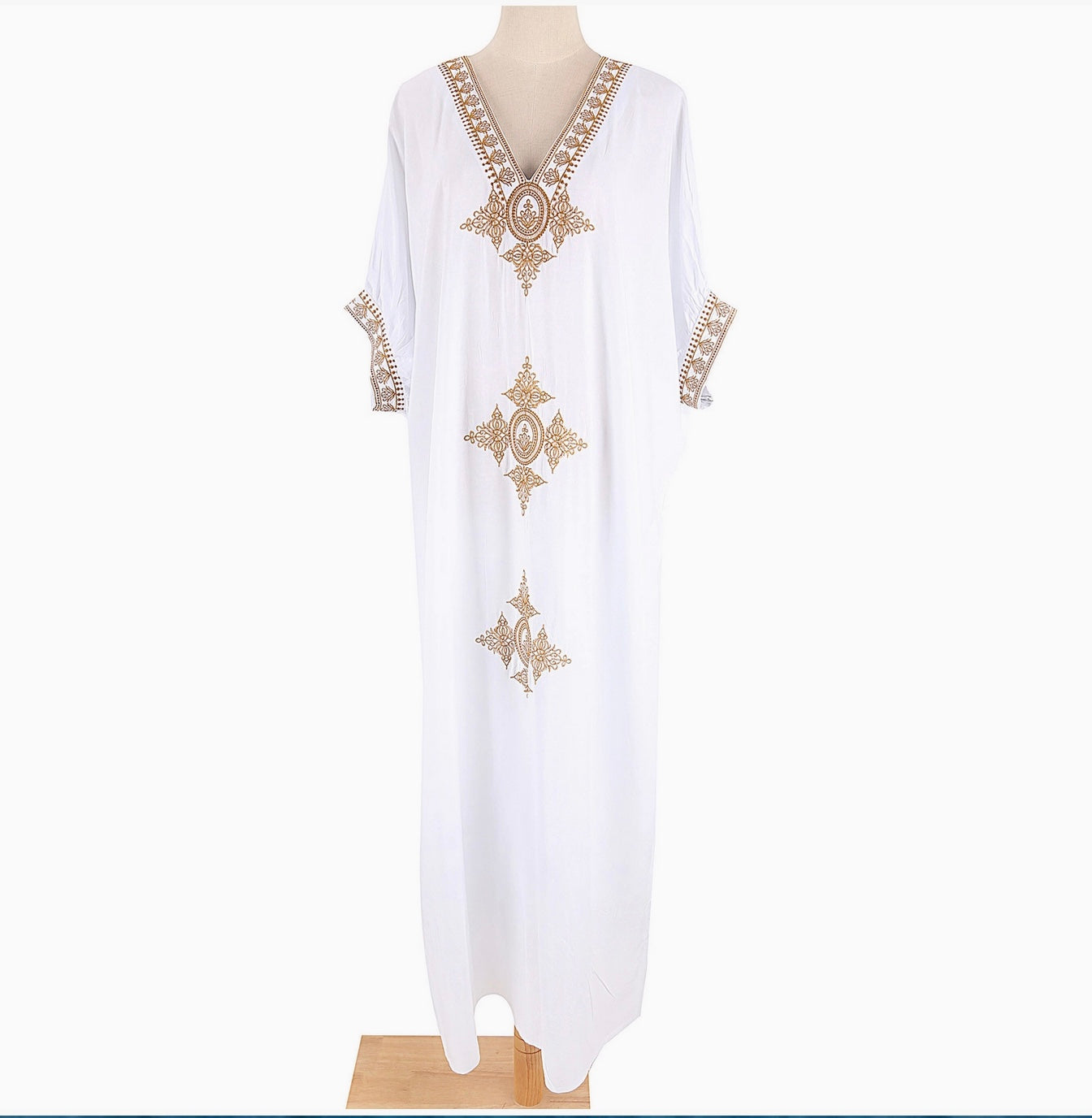 White & Gold Embroidered Maxi Beach Dress Kaftan Amelia Rose Accessories White & Gold Embroidered Maxi Beach Dress Kaftan Amelia Rose Accessories