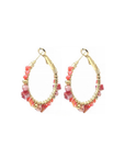 Gold hoop earrings with pink and orange beads on a white background