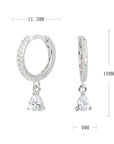 Silver hoop earrings with teardrop-shaped charms and measurements on a white background
