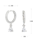 Silver hoop earrings with teardrop-shaped charms and measurements.