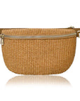 Tan raffia crossbody handbag with a gold accented zipper on a white background.