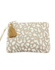 Taupe & Ecru Leopard clutch bag with tassel feature for women