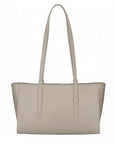 taupe leather tote handbag with a strap on a white background