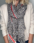 Taupe & Red Stripe Animal Print Viscose Scarf. Spring/ Summer, perfect for layering or as a coverup. In collab with Claire Lopez