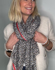 Taupe & Red Stripe Animal Print Viscose Scarf. Spring/ Summer, to wear as an extra layer around your neck, as a sarong/ coverup or as a wrap. In collab with Claire Lopez