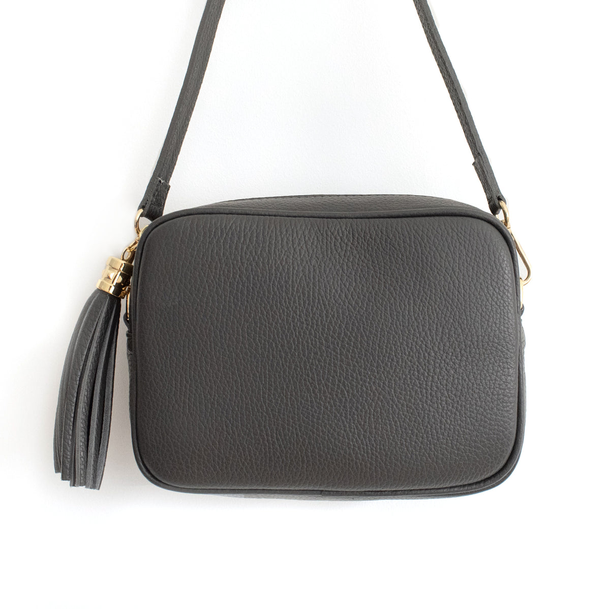 Dark Grey Real Italian Leather Crossbody Bag with Tassel – Amelia
