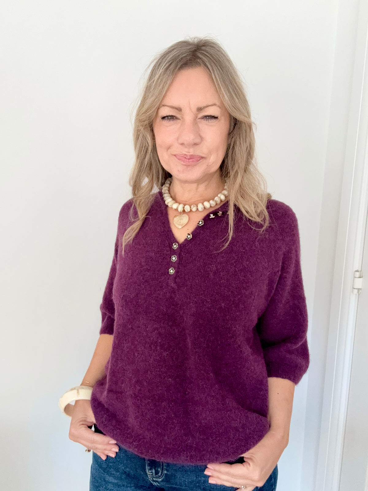Plum Button Detail 3/4 Sleeve Jumper