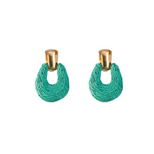 Load image into Gallery viewer, Gold &amp; Aqua Raffia Statement Earrings
