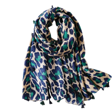 Load image into Gallery viewer, Blue &amp; Green Leopard Print Tassel Scarf
