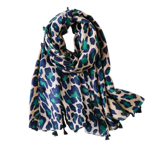 Blue & Green Leopard Print Tassel Scarf