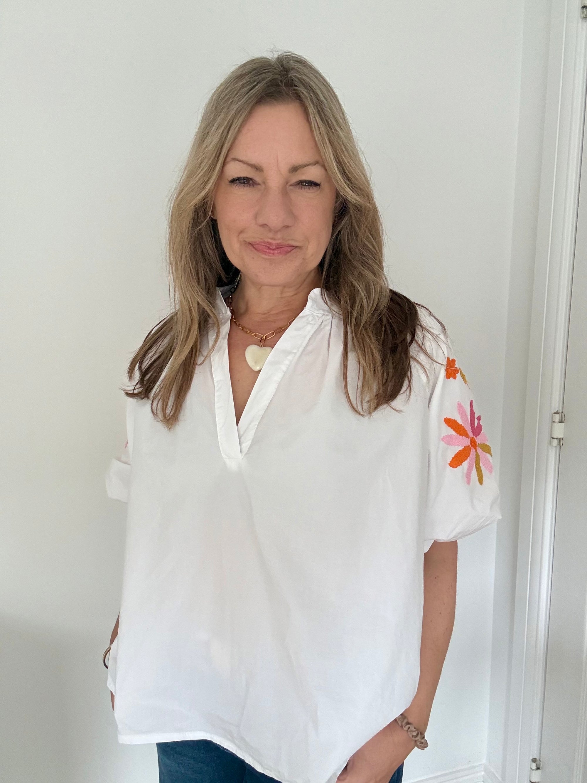 White Embroidered Sleeve Cotton Blouse