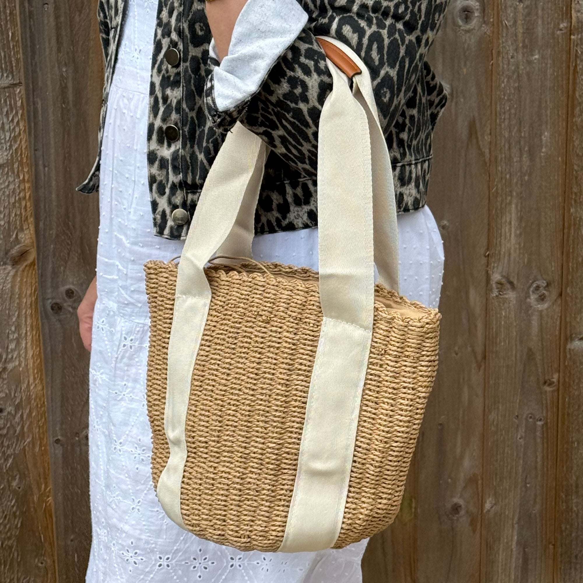 Cream Handled Straw Tote Bag