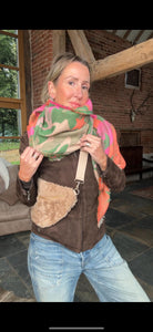 Preorder for delivery w/c 11/11 - Green Camo Scarf with Pink & Orange Stars