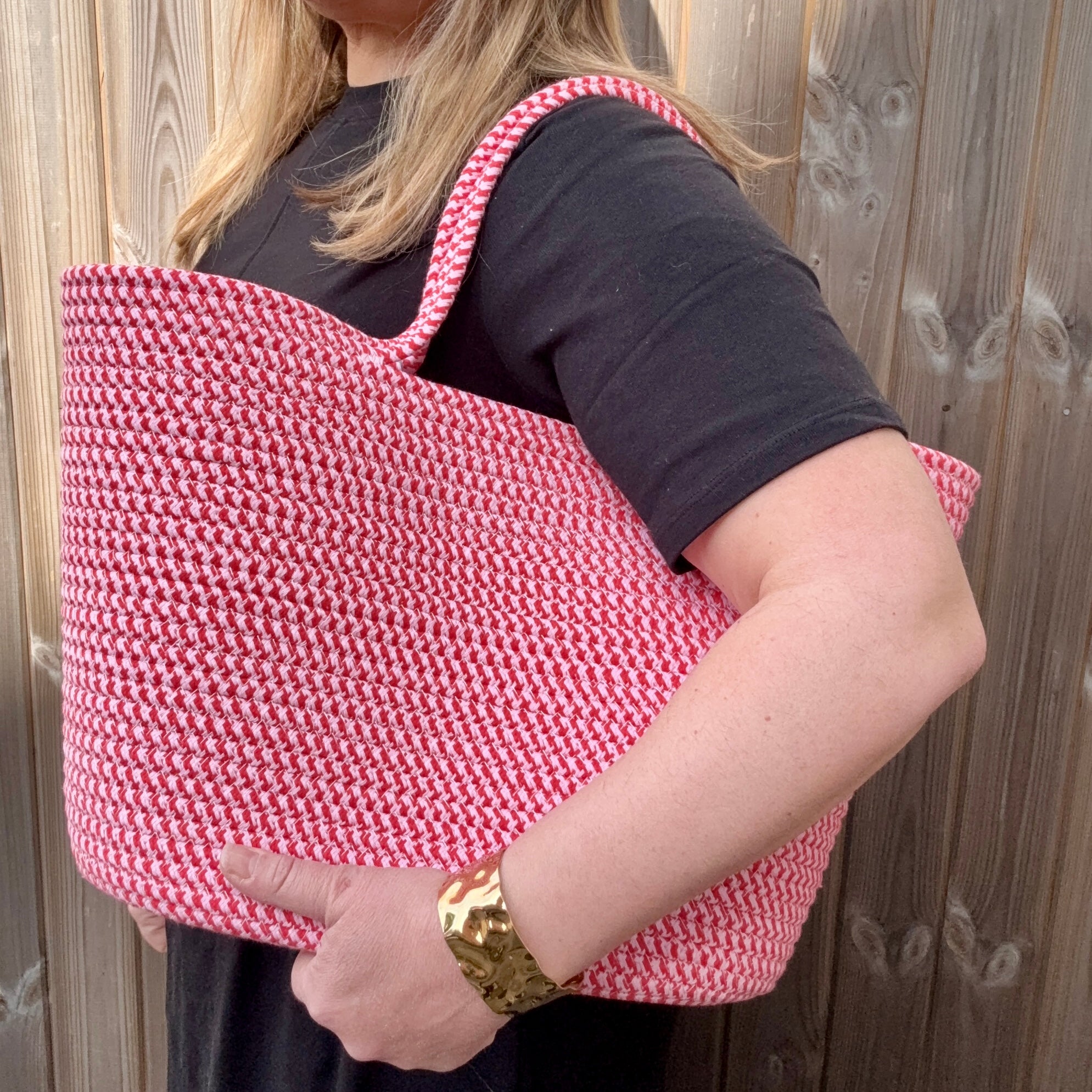 Pink &amp; Red Cotton Woven Basket Bag