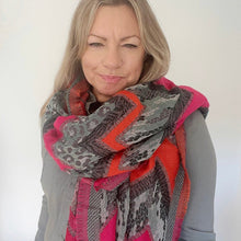 Cargar imagen en el visor de la galería, Khaki Animal Print, Bright Pink &amp; Orange Chevron Scarf
