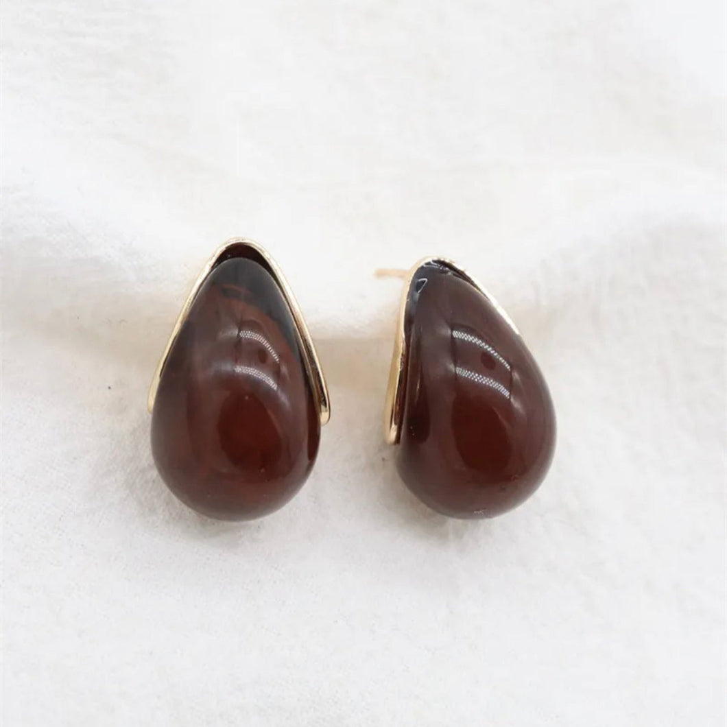 Brown & Gold Droplet Stud Earrings