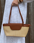 Beige & Dark Tan Raffia Shoulder Bag