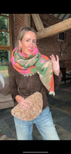 Load image into Gallery viewer, Preorder for delivery w/c 11/11 - Green Camo Scarf with Pink &amp; Orange Stars
