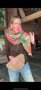 Preorder for delivery w/c 11/11 - Green Camo Scarf with Pink & Orange Stars