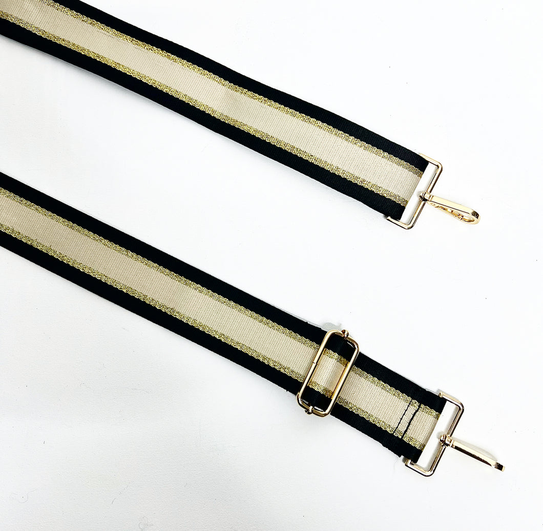 Black, Cream & Gold  Stripe Strap - Gold Hardware