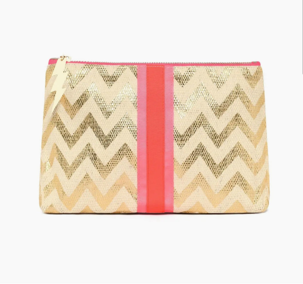 Gold Zig Zag Clutch/ Wash Bag with Bright Stripe