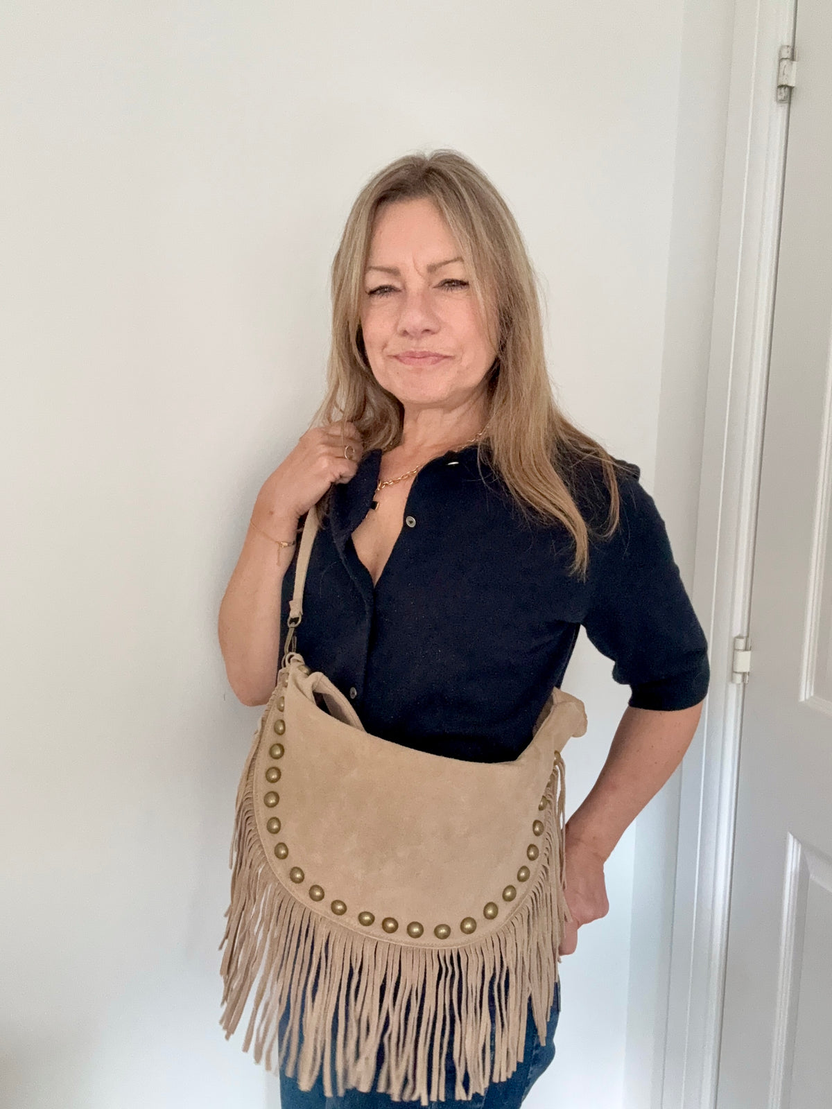 Stone Studded Suede Crescent Shoulder/ Crossbody Bag with Fringing