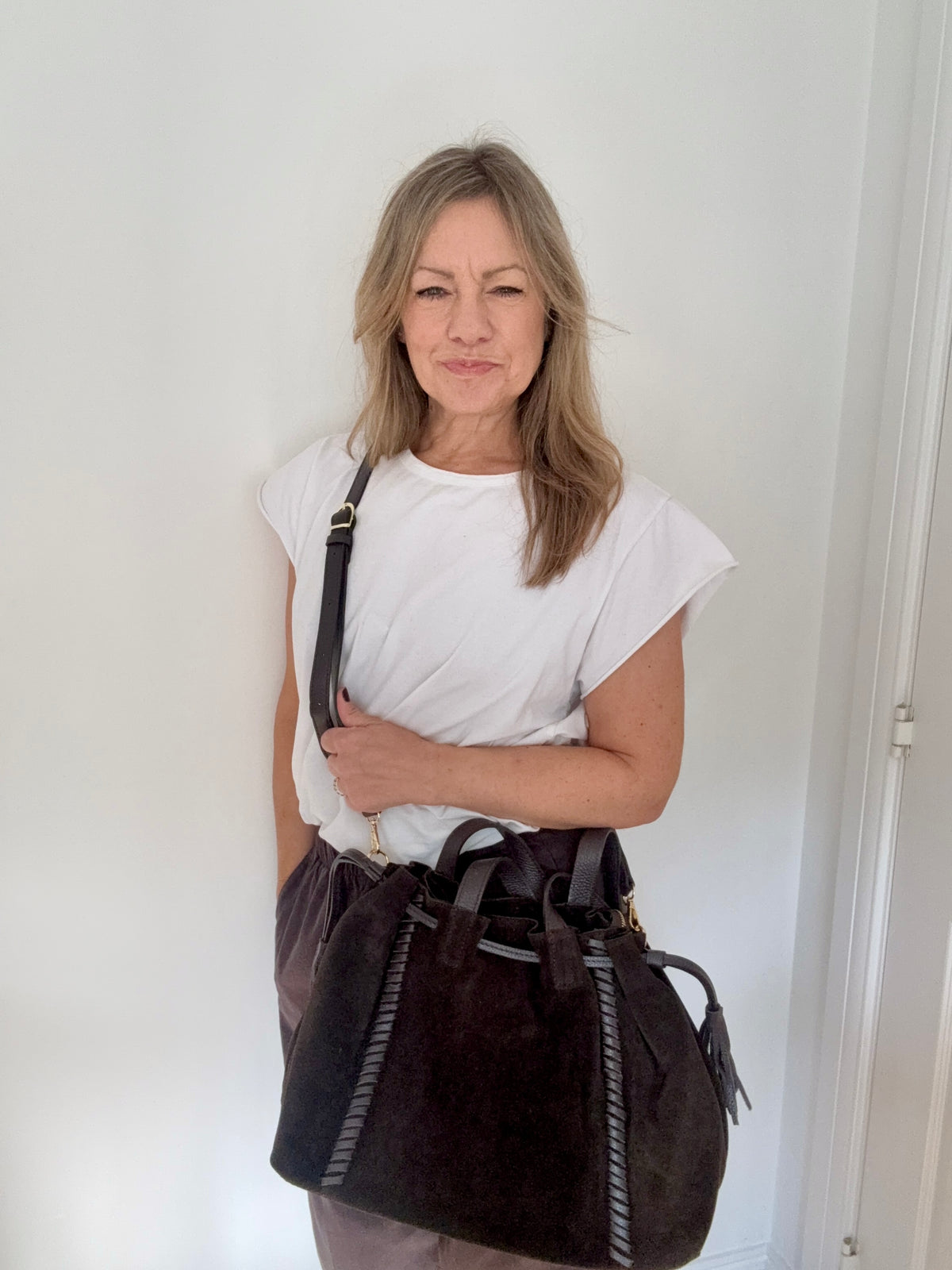 Dark Brown Structured Suede Shoulder/ Crossbody Bag