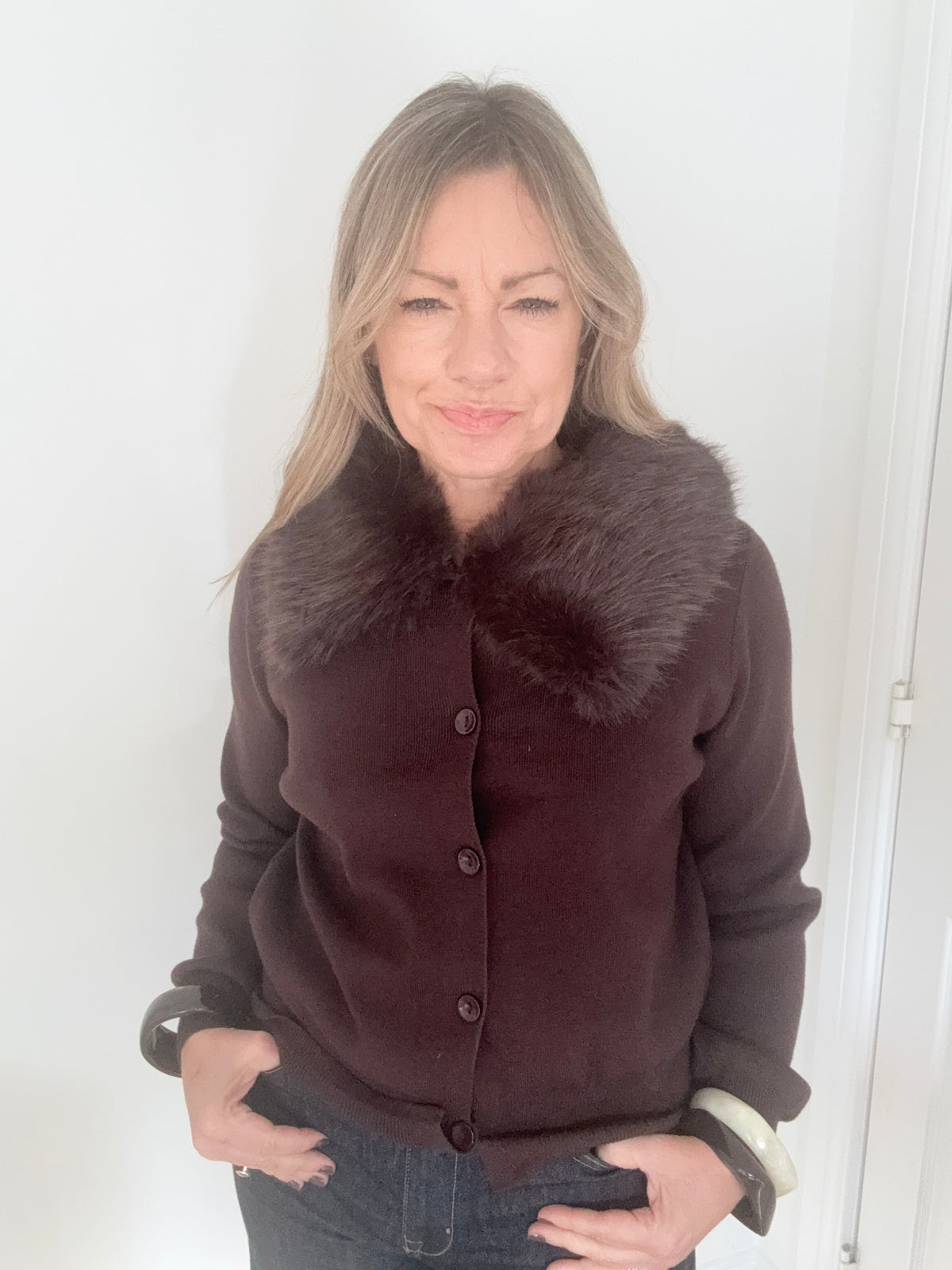 Dark Brown Faux Fur Collar Cardigan
