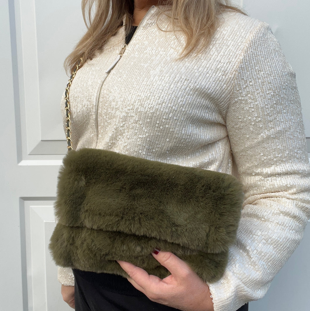 Khaki Faux Fur Clutch/ Crossbody Bag